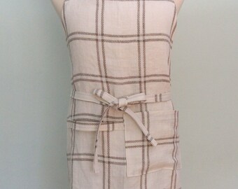 Tan and White Stripe Chef Apron with Pocket and Towel Loop, Men's Apron, Striped Linen Apron, Adjustable, Picnic Stripe Jacquard Natural