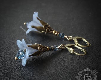 Prussian Blue Fairy Flowers with Victorian Brass Filigree. Stormy Blue Flowers.