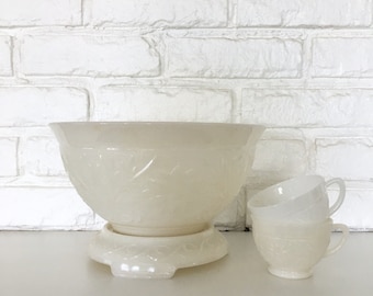 Anchor Hocking Ivory Punch Bowl Set Milk Glass Style Floral Pattern
