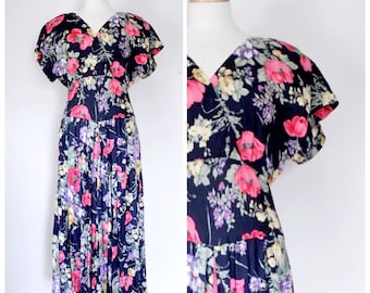 Vintage Dress / 80s Dress / Maxi Dress / 80s Maxi Dress / Day Dress / Floral Dress / Short Sleeve Dress / Navy Blue / Rayon / Size Medium