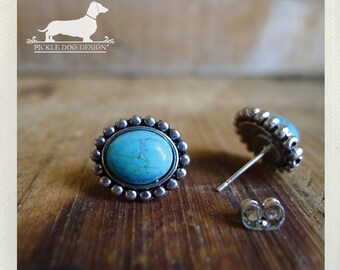 Encircled Turquoise. Post Earrings -- (Vintage-Style, Western, Turquoise, Simple, Small, Cute, Blue, Teal, Marble, Gift For Her Under 15)
