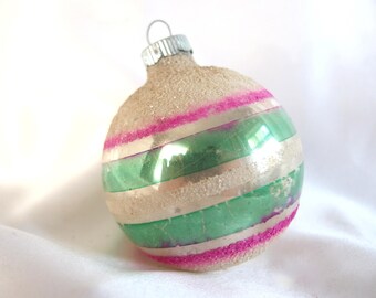 Striped Shiny Brite Christmas Ornament - Large Pink and Green Ornament with Mica