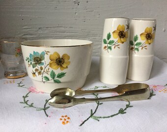 Floral Salt & Pepper pots, shakers, plus matching sugar bowl empire ware 1960s flowers vintage