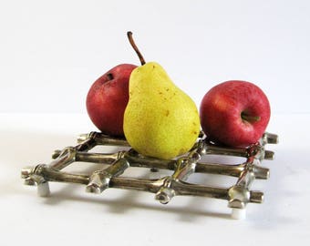 Vintage Silver Plate Trivet - Expandable Faux Bamboo Trivet - Silver Home Decor - Dining Table Decor - Metal Hot Plate - Kitchen Fruit Stand
