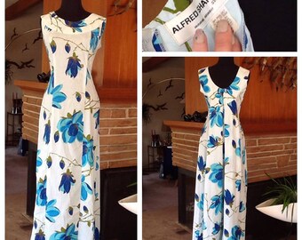 Alfred Shaheen Hawaiian Dress White with Blue