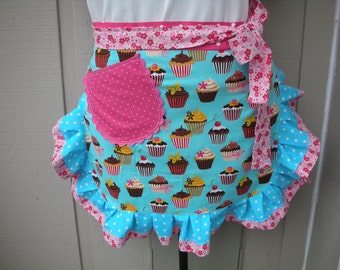Women's Aprons - Cupcake Aprons - Cupcake Fabric - True Blue Cupcake Aprons - Handmade Aprons - Annie's Attic Aprons - Aprons - Blue Aprons