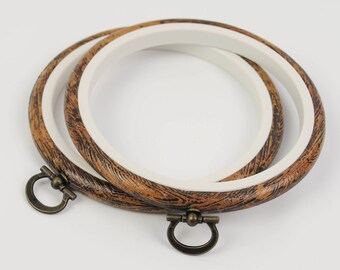 2 Flexi Hoops Wood Effect with White Inner - 6 inch, 4 inch or 3 inch - Flexible Plastic Embroidery Hoop