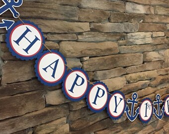 Nautical birthday banner Nautical theme banner Anchor banner Red White and Blue banner 1st birthday banner