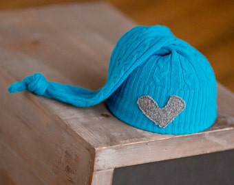 Newborn Boy Hat, Upcycled Newborn Hat, Blue Newborn Hat with Heart, Newborn Photography Prop, Newborn Boy Prop, Newborn Hats, Knot Hat, RTS