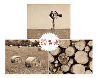 Farmhouse decor, farm landscape photography set sepia prints, rustic wall art, brown tan country wall decor, farmhouse wall art set of 3