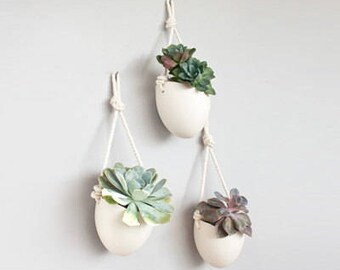 Set of 3 Spora w/ rope: porcelain hanging planters
