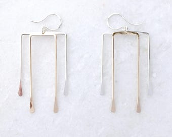 Deco Brass Hawk Earrings, Architectural Jewelry, Hammered Brass, Hammered Geometric Earrings, Minimalist Square Earrings, Rectangle Earrings