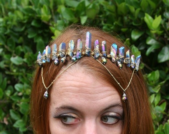 Golden Goddess, rainbow aura quartz crystal crown, gold crystal headpiece, raw quartz crown, crystal headpiece, mermaid crown, quartz tiara