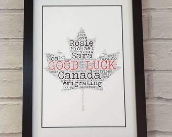 Personalised word art Canada emigrating gift - good luck - goodbye - farewell - bon voyage print - world map - gift for traveller - globe