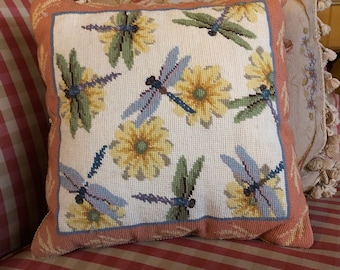 Whimsical spring dragonflies and Daisy needlepoint pillow