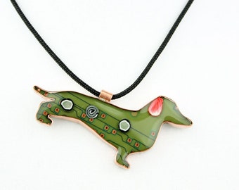 Dachshund Jewelry - "Spot" - Whimsical Upcycled Circuit Board, Polymer Clay, Copper & Resin Pendant
