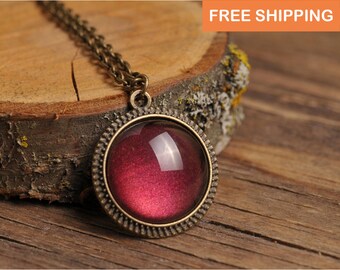 Tiny maroon necklace, antique brass necklace, glass dome pendant, antique brass pendant, glass dome necklace, maroon pendant, red necklace