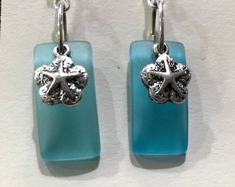 Sea glass blue glass and sand dollar silver earings