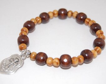 Shield Cross Bracelet,Rosary Bracelet,Wood Bracelet,Cross Charm,Wood Beads,Elastic Bracelet Fit All,Man,Woman,Pray,Gift