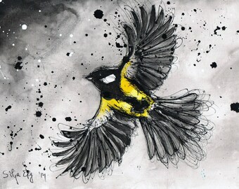 Flying bird painting - 8x12in watercolor ink painting - titmouse bird wings art