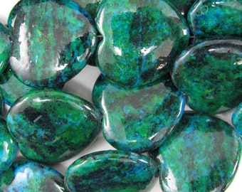 25mm blue green azurite heart beads 16" strand 35248