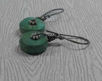 Turquoise Earrings Rustic Gemstone Wheels Oxidized Sterling Silver Drop Earrings