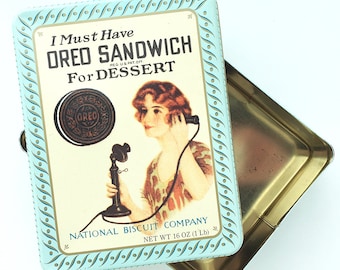 Vintage Oreo Sandwich Cookie 1918 Replica Tin by Nabisco National Biscuit Company Kitchen Storage Collectible Decor