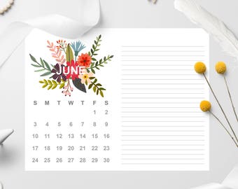2018 Calendar With Notes, 2018 Calendar Printable, Letter Size Printable Calendar, Floral, 2018 Calendar Desk Or Wall, Download Printable