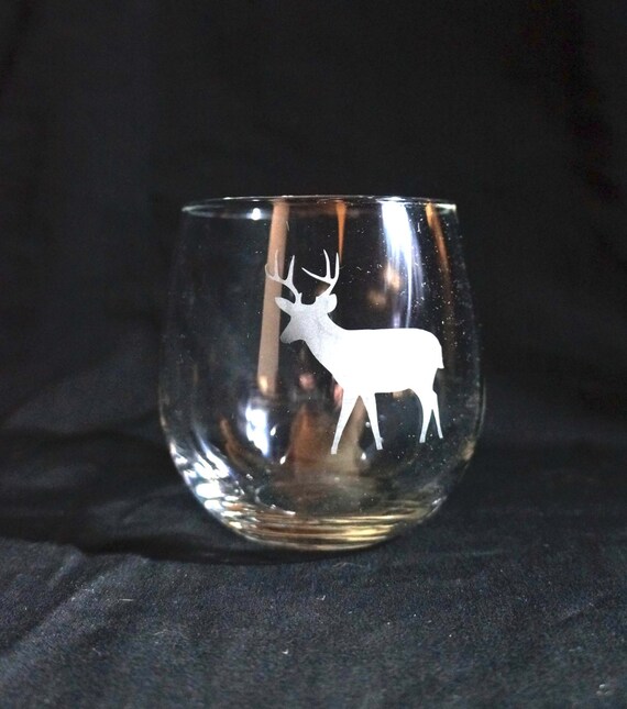 Deer Stemless Wine Glass Etched Deer Stemless Wine Glass