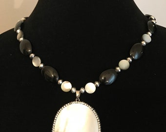Glass and Shell Beaded Necklace with Large Abalone Shell Pendant