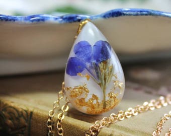 Mother's Day, Pressed Flower Jewelry, Resin Necklace, Pottery Inspired, Blue Ridge, Something Blue, Gilt Necklace, Blue Lobelia