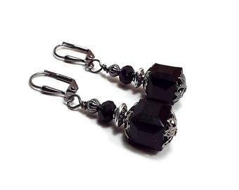 Black Earrings, Cube Earrings, Square Earrings, Drop Earrings, Gunmetal Plated, Goth Earrings, Lever Back Hook