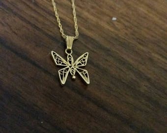 Gold Butterfly Necklace, 1970s Butterfly Gold Charm, Gold Necklace, Vintage Gold Necklace