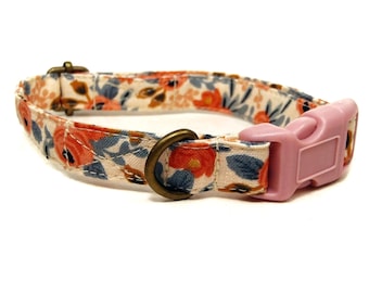 Nottingham - Peach Coral Floral Flowers Vintage Floral Shabby Chic Organic Cotton CAT Collar - All Antique Metal Hardware