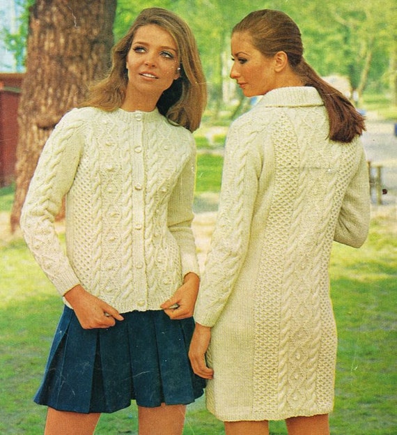 ladies aran cardigan and coat vintage knitting pattern PDF