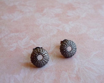 Black Sterling Silver Sea Urchin Stud Earrings - Small Size Urchin Black Platinum Plated Earrings