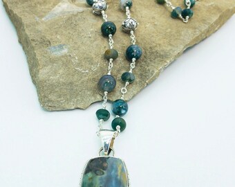 Moss Agate and Sterling Silver Pendant Necklace