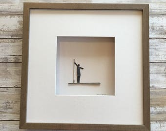 Stand up paddle board, SUP Pebble Art, Minimal Art, Original Art by Sharon Nowlan. Matted or framed, 12in x 12in.