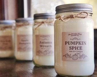 Fall Candle / Pure Soy / Autumn Candle / Fall Decor / Container Candle//Mason Jar Candle//16 oz. Candle/ 8 oz. Candle/Hand Poured/ Dye Free