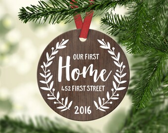 Housewarming Gift New Home Ornament Christmas Ornament Our First Home House Ornament New Home Housewarming Gift Custom Address Wood Brown