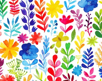 Floral Menagerie - per yard - In the beginning Fabrics by Jason Yenter - bright flowers and foliage on white, watercolor - C
