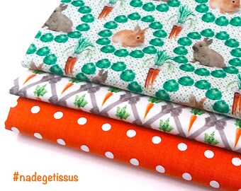 3 coupons fat quarter of 50cmx50 cm - bunnies, carrots, orange peas