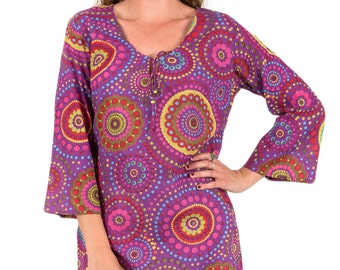 Kaftan Dress, Beach Cover Up or Tunic in 100% Cotton - "Purple Circles"