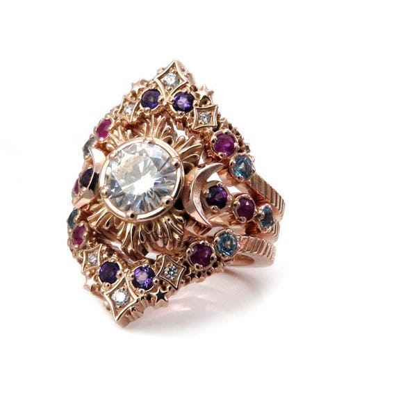 Stardust Nebula Moon Engagement Ring Set - Bohemain Wedding Ring Set - 14k Rose Gold