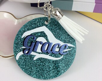 Swimmer, glitter bag tag, Personalized bag tag, swim team gift, gifts for swimmers, monogrammed
