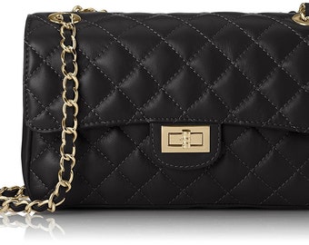 Designer Inspired Pure Italian Leather Quilted Handbag in Black with Gold Interwoven Chain