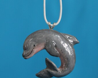Sculpted Dancing Dolphin Pendant Necklace. Realistic one-of-a-kind