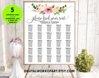 Please Find Your Seat Seating Chart Template, DIY Floral Rustic Wedding Reception Seating Poster Editable PDF template, instant download
