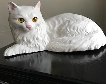 Cat Doorstop White Angora Glass-Eyed Vintage Bookend Doorstop Shelf Sitter Homeco Cat Figurine Angora Kitty Feline Animal House Theme