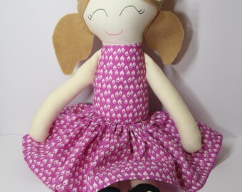 Handmade Fabric Doll - Emily – Purple / Pink and White Dress, Brown Felt Hair, Black Felt Shoes and a White Bow